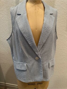 Striped Seersucker Sleeveless Blazer Vest - Blue/White